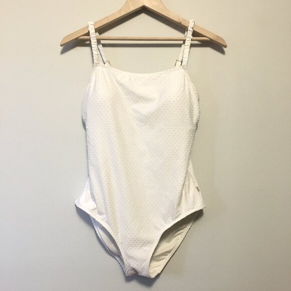 Off-White Textured Polka Dot Built in Support Swimsuit - Picture 1 of 16